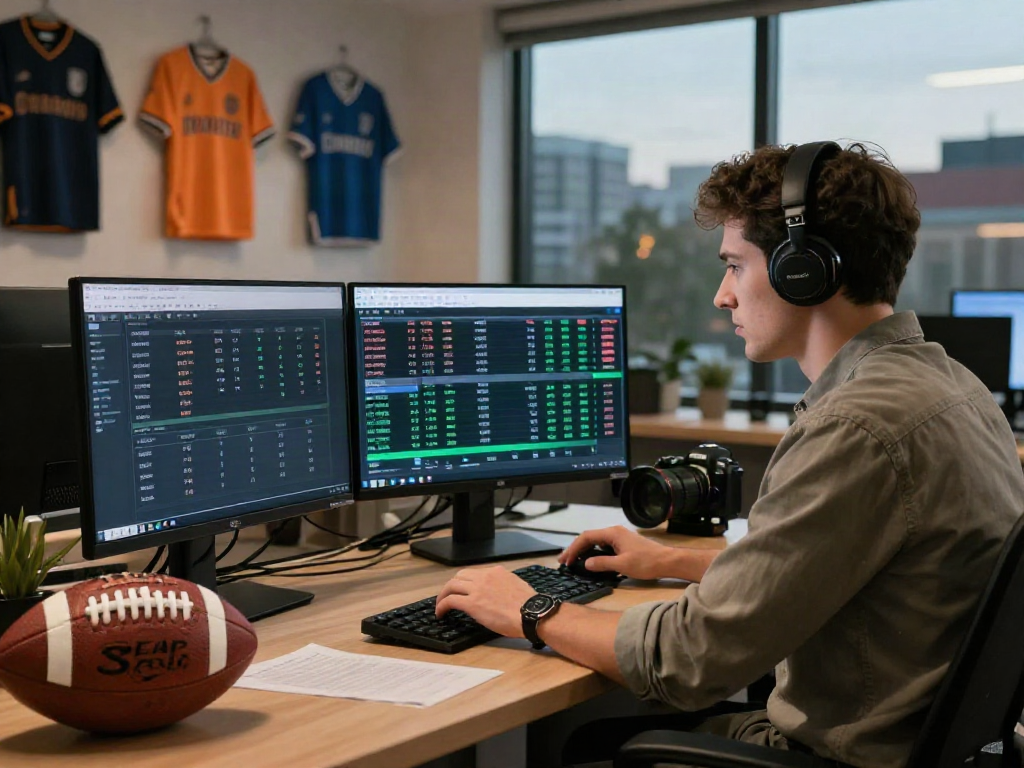 Sports analyst in a vibrant workspace analyzing statymuzona betting odds on digital screens.