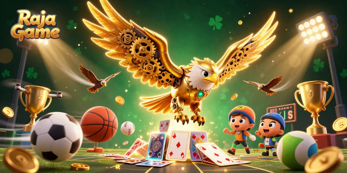 Experience the excitement of Raja Game with a cybernetic golden eagle surrounded by dynamic sports elements.