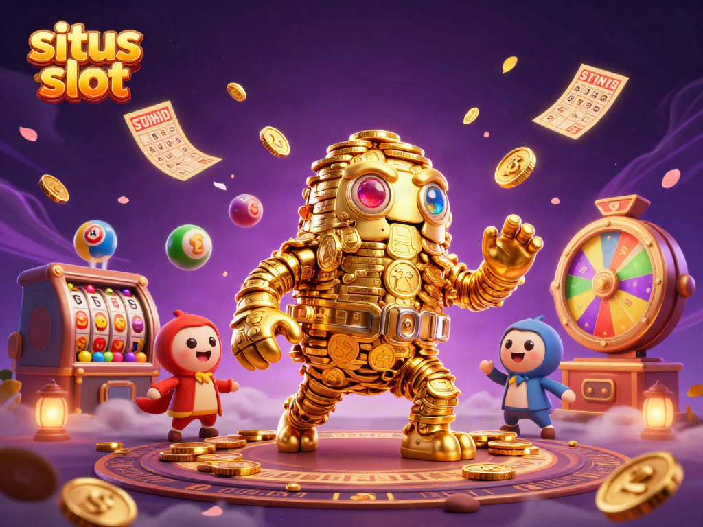 Slot permainan situs slot yang menyenangkan dengan simbol slot dan golem emas berkilau.