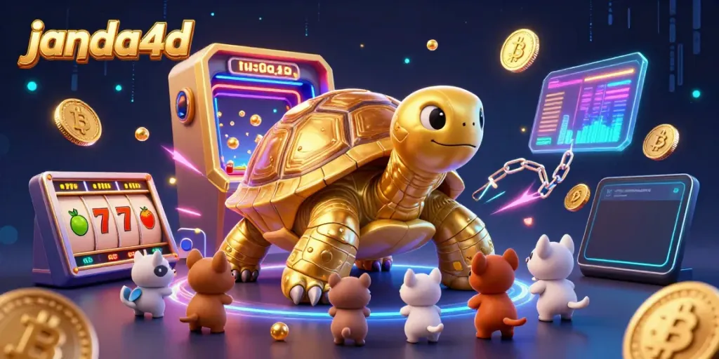 Janda4d menyajikan ilustrasi kasino online dengan kura-kura besar dan mesin pinball penuh warna serta simbol slot melimpah.