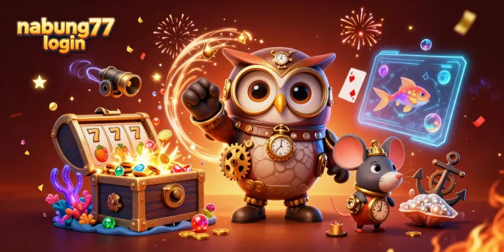 Nabung77 login: Engage with the thrill of the casino featuring a time-traveling owl amidst vibrant slot elements.