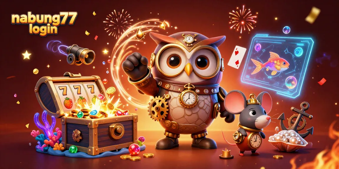 Nabung77 login: Engage with the thrill of the casino featuring a time-traveling owl amidst vibrant slot elements.