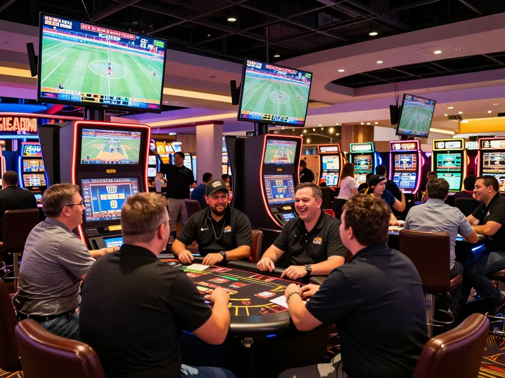 Energetic sports bettors engaging at Vegas casino's dinamit4d betting area, live sports screens and excitement evident