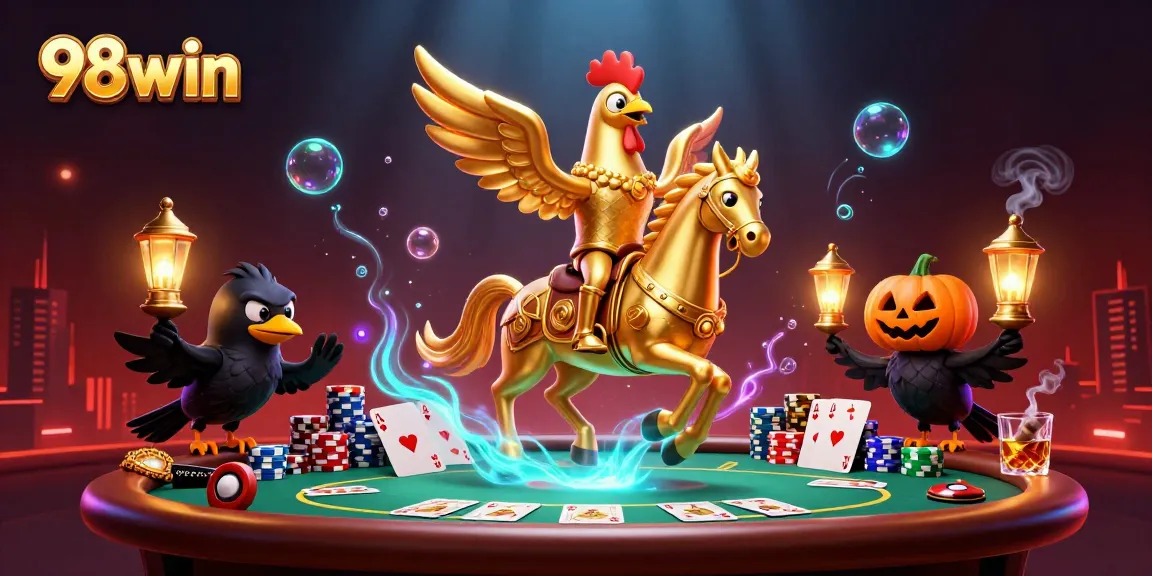 Engage in thrilling gaming at 98win with a vibrant casino scene featuring dynamic characters and vivid elements.