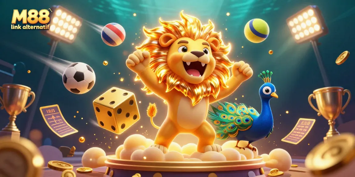 Engaging M88 link alternatif graphic illustrating vibrant sports betting action with a dynamic 3D scene.