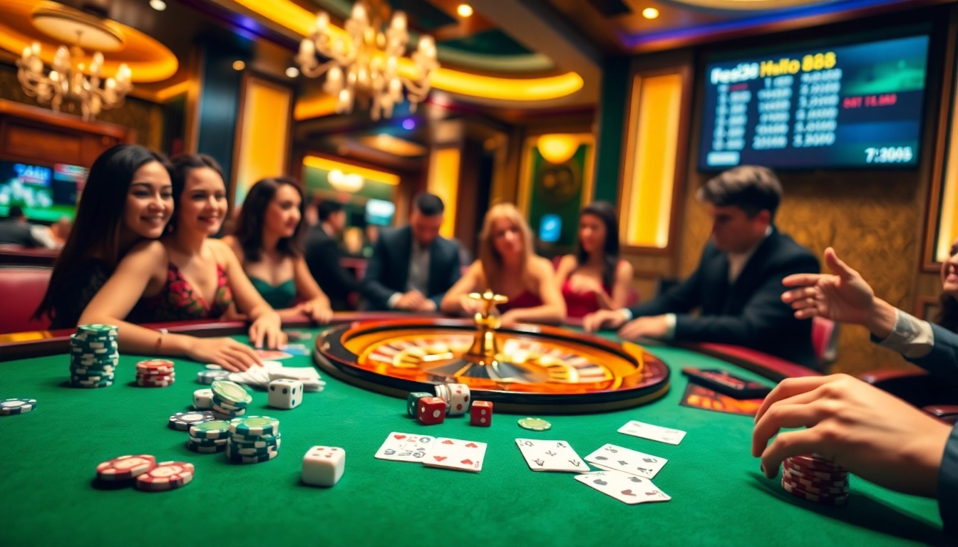 Excited players enjoying a game at Helloo88's premium casino table with poker chips and cards.