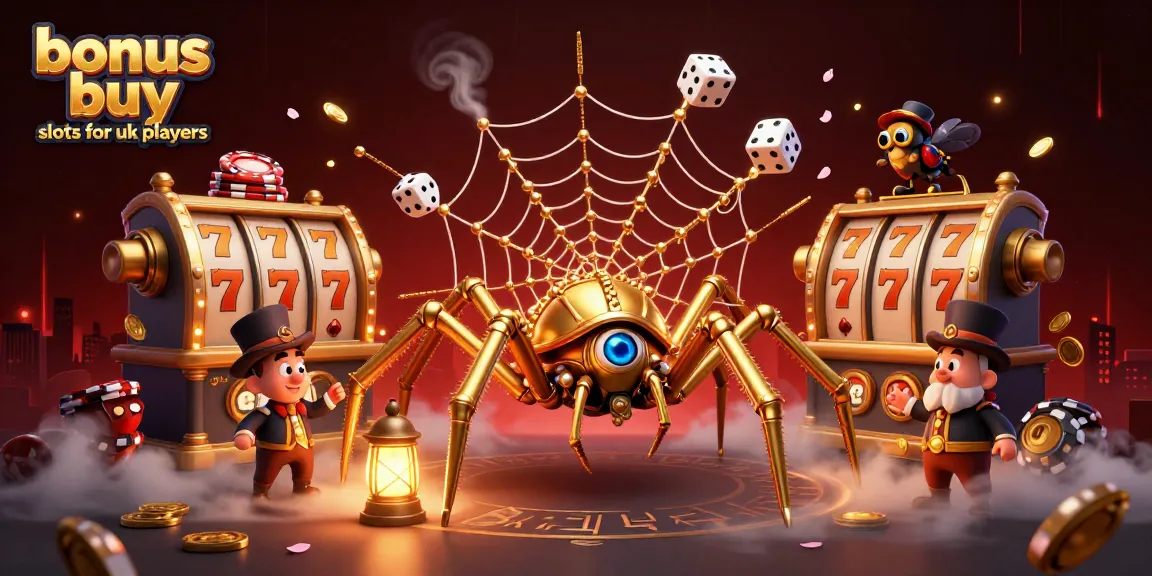 Engage with thrilling bonus buy slots for UK players in this lively illustration filled with casino elements.