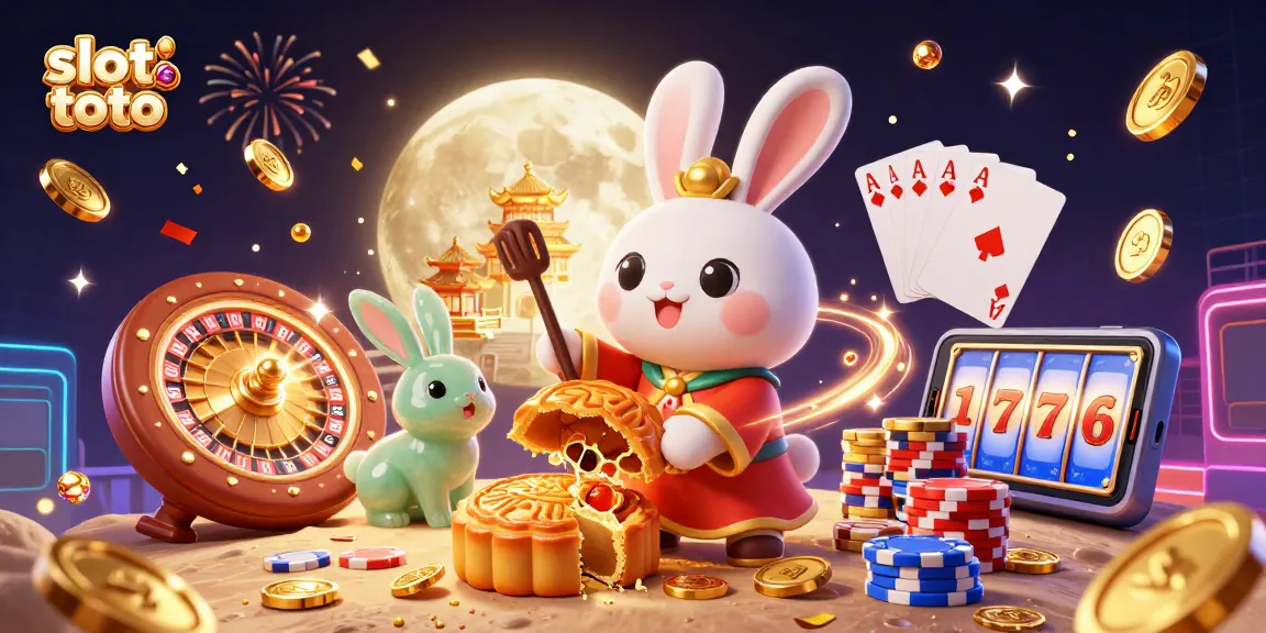 Engage in festive excitement with slot toto as a moon rabbit celebrates gains with golden chips and treasures.