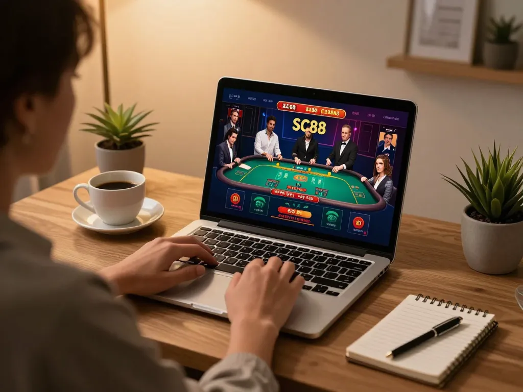 Play SC88 casino games from home with a stylish online gaming setup and engaging laptop interface.