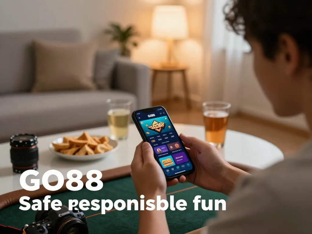 Engaging with the GO88 app on a smartphone in a cozy home setting, enjoying online gaming.
