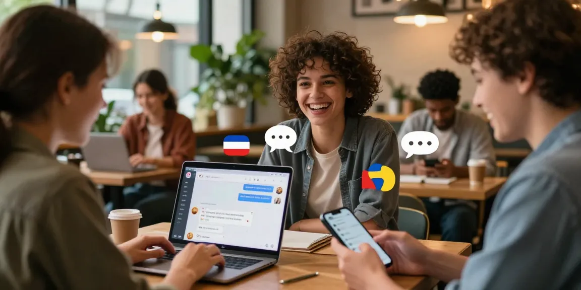 Friends enjoying شات تعب in a cozy café, engaging through devices with chat elements in a lively atmosphere.