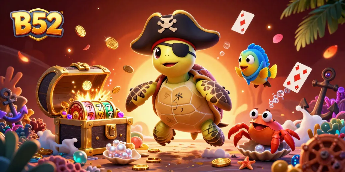 B52 casino scene featuring a pirate turtle, treasure, and lively slot elements in rich detail.