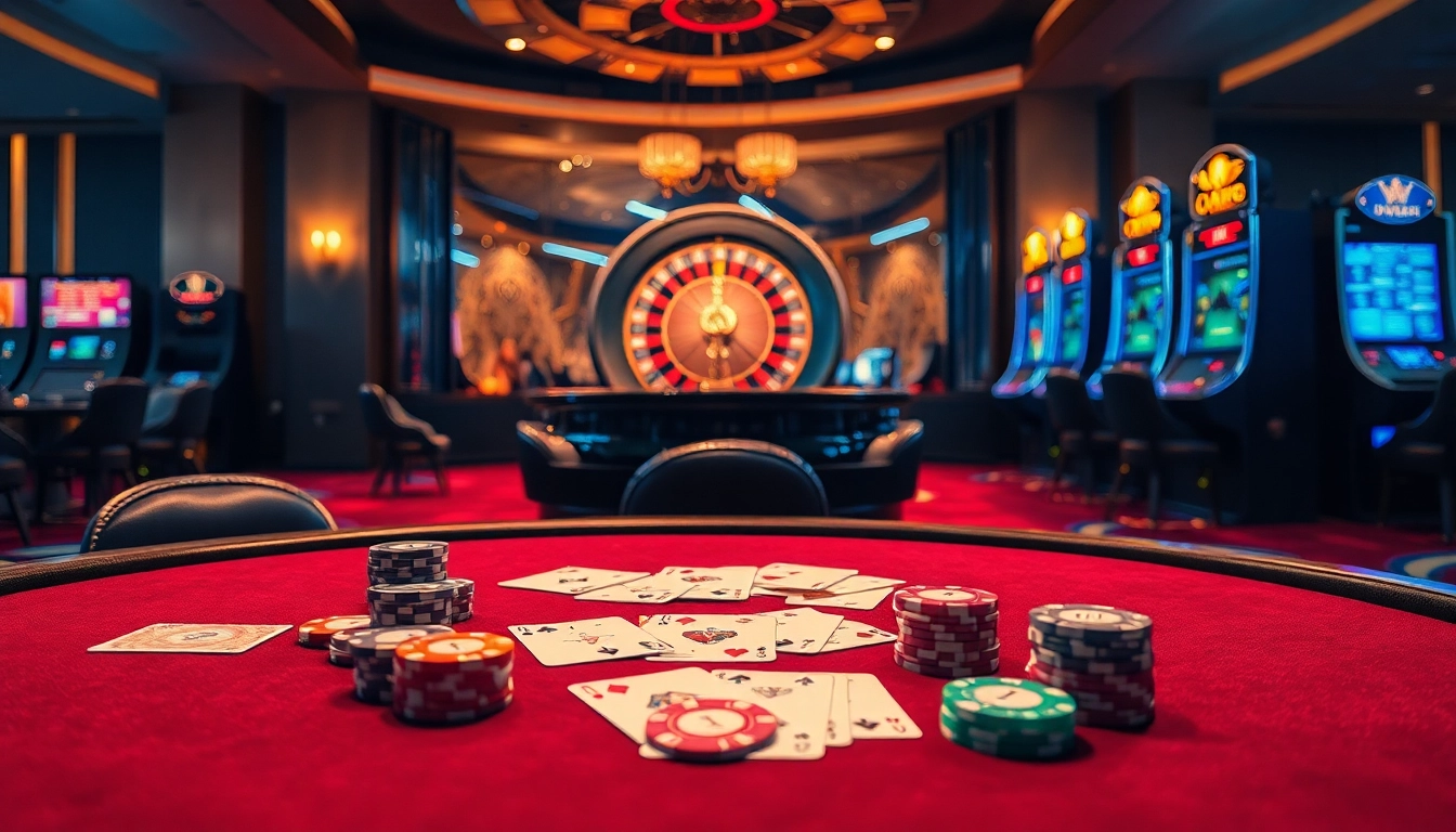 Kubet casino scene showcasing poker tables, roulette wheel, and slot machines in a vibrant atmosphere.