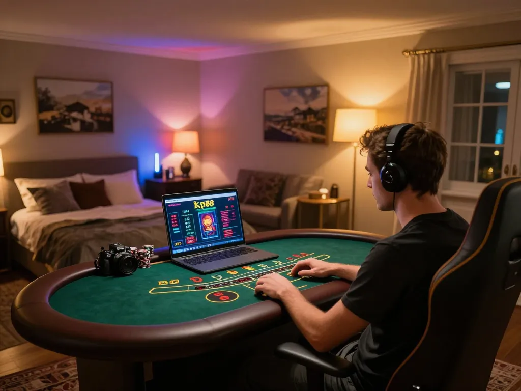 Player enjoying live dealer games at kp88 com in a cozy home environment.