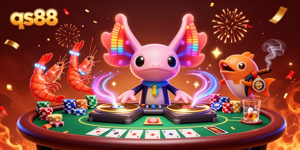Experience thrilling gameplay at qs88 with a vibrant underwater casino party featuring axolotl DJ and poker elements.