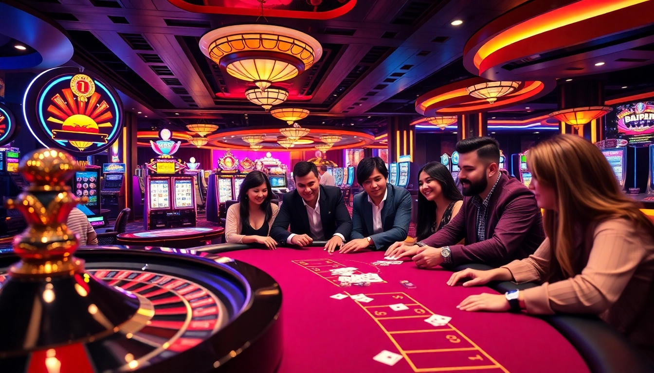 Playing casino online with vibrant tables and engaging games at a luxurious casino.