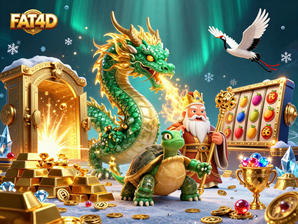 Experience the thrill of slots at FAT4D with a dazzling scene featuring dragons and treasure.