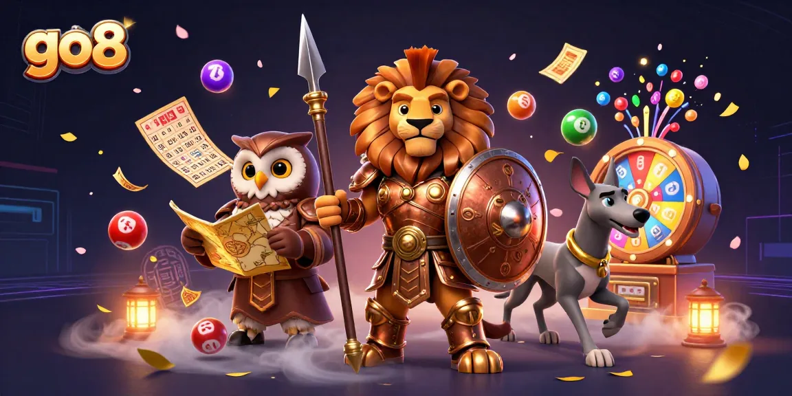 Win exciting prizes with go8's vibrant gaming scene highlighted by colorful lottery elements and dynamic characters.