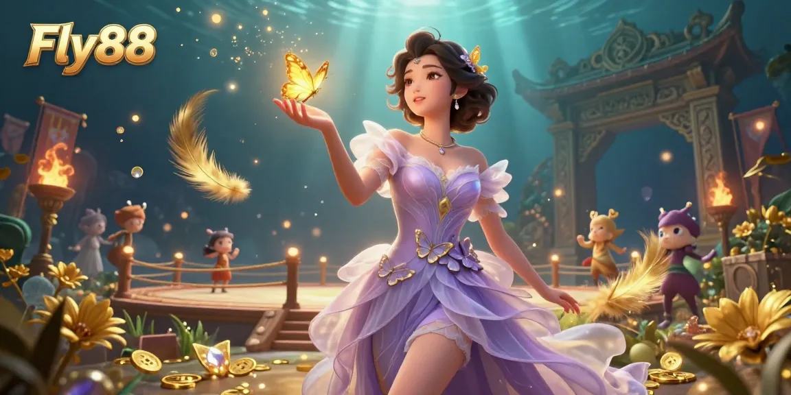 Engage in thrilling games at Fly88 with a stunning digital illustration of an enchanting Asian woman amidst dazzling casino elements.