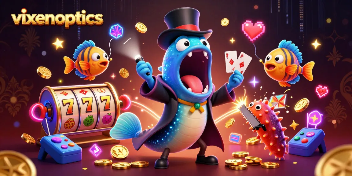 Watch the vixenoptics bioluminescent eel enchant players with magic card tricks in a vibrant casino.