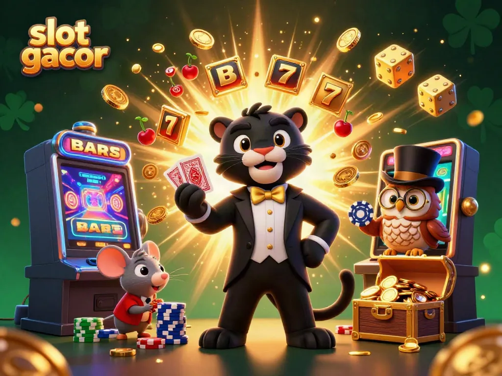 Engage with the exciting world of slot gacor through this vibrant illustration featuring dynamic casino characters and symbols.