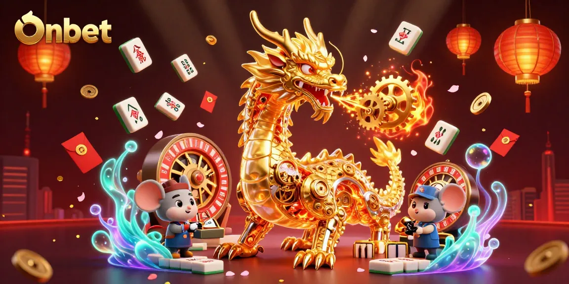 Experience the thrilling world of Onbet with a biomechanical dragon amidst casino elements and golden treasures.