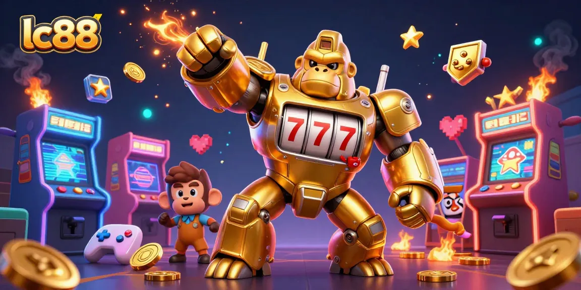 Experience thrilling gameplay at lc88 with a golden gorilla mech amidst casino treasures.