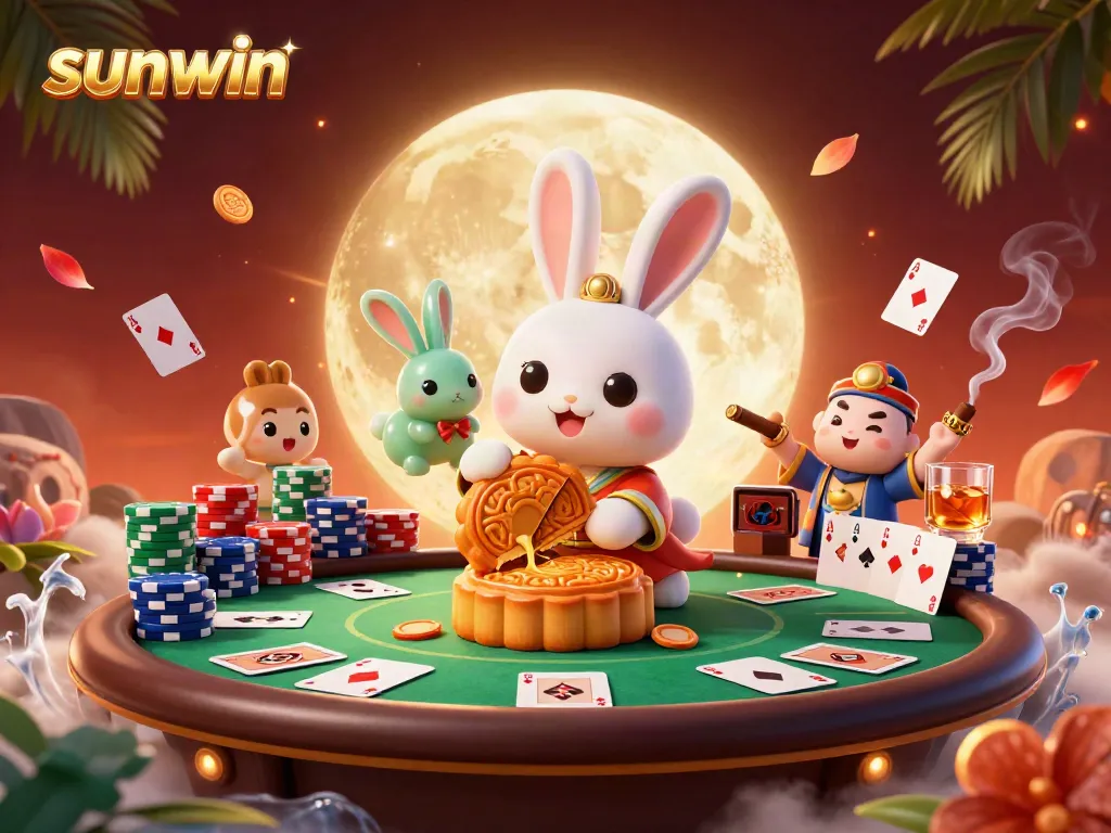 Engage with sunwin's vibrant gaming scene featuring a moon rabbit and poker elements amidst a lunar backdrop.
