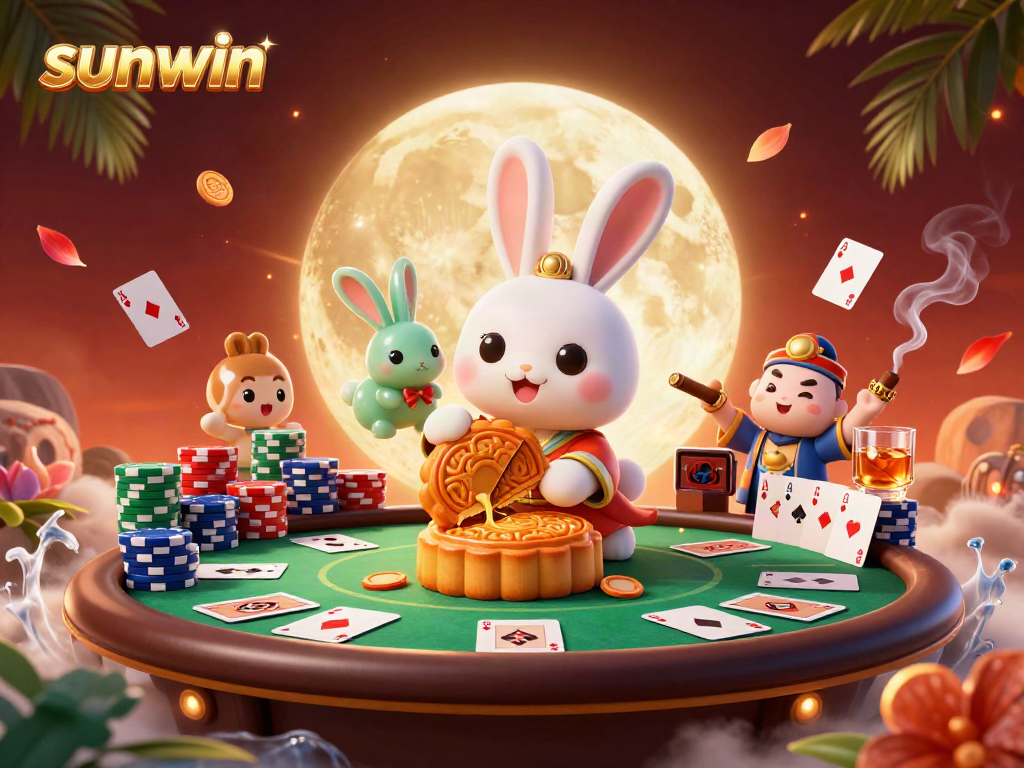 Engage with sunwin's vibrant gaming scene featuring a moon rabbit and poker elements amidst a lunar backdrop.
