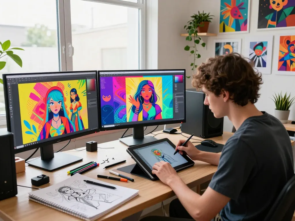 Dynamic artist creating NSFW AI art in a colorful studio.