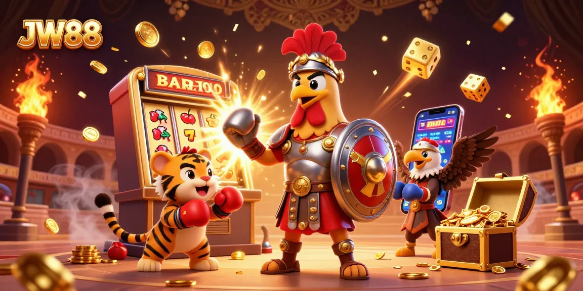 Spin and win at JW88 with dynamic casino action featuring a rooster gladiator and exciting game elements.