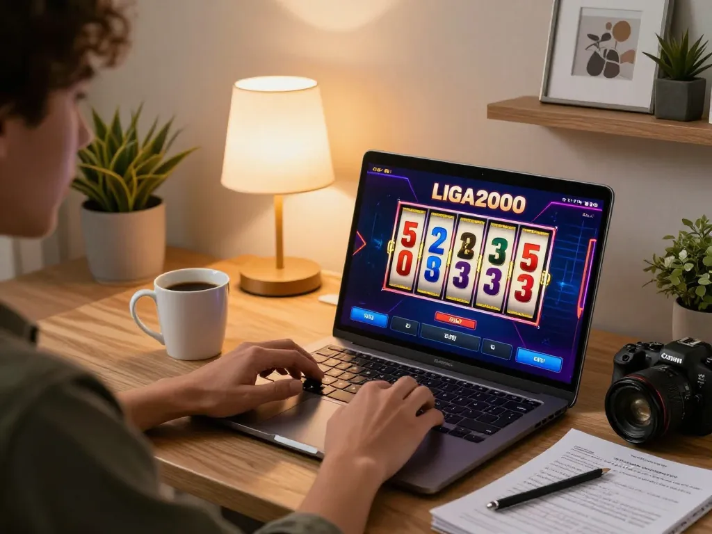 LIGA2000 online slot gameplay featuring vibrant reels spinning on laptop screen with coffee mug and strategy notes.