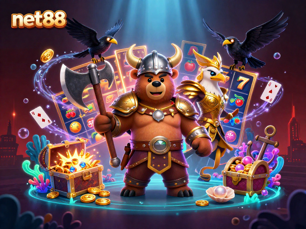 Spin slots and win with net88 in this vibrant 3D casino scene filled with action.