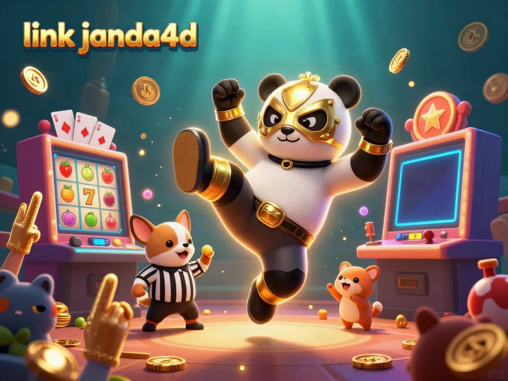 Ikon perjudian dengan link janda4d, panda gulat 3D terbang dikelilingi mesin slot cerah.