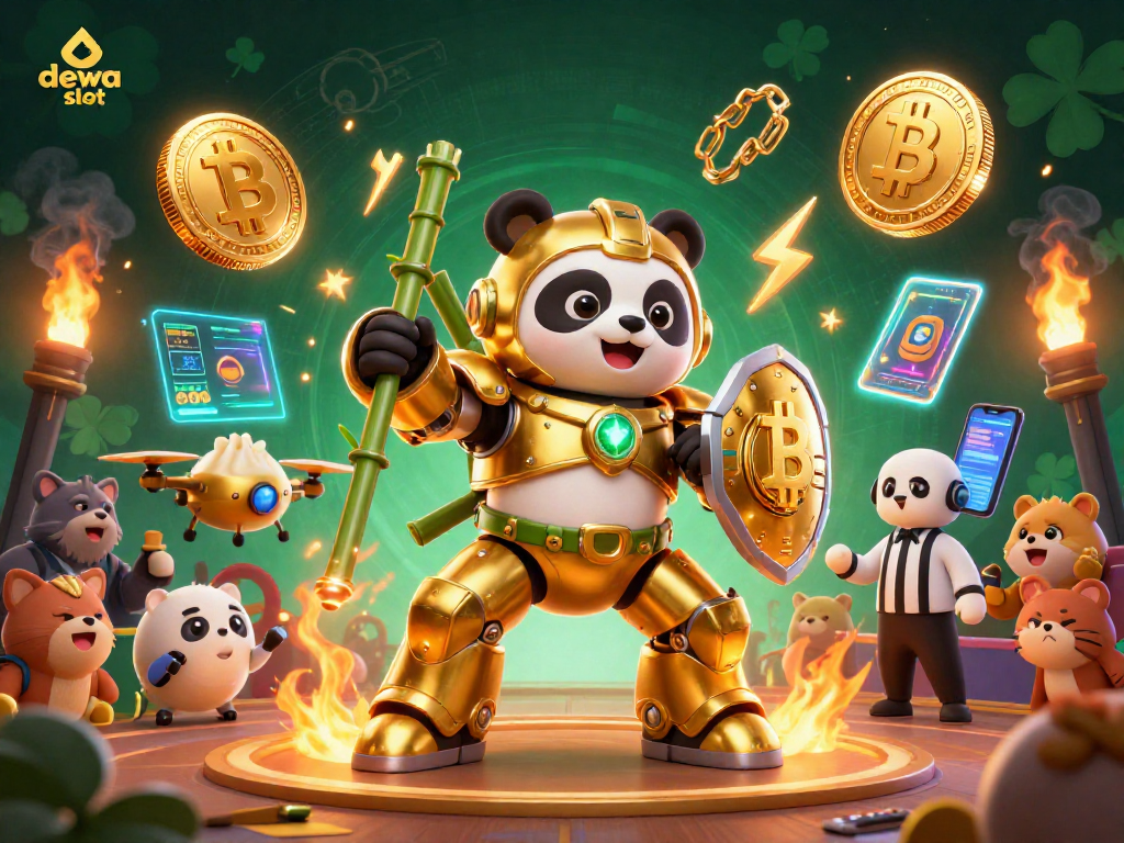 Menangkan permainan slot dewa slot di arena dengan karakter panda emas yang memimpin robot tempur dan berbagai koin crypto bersinar.