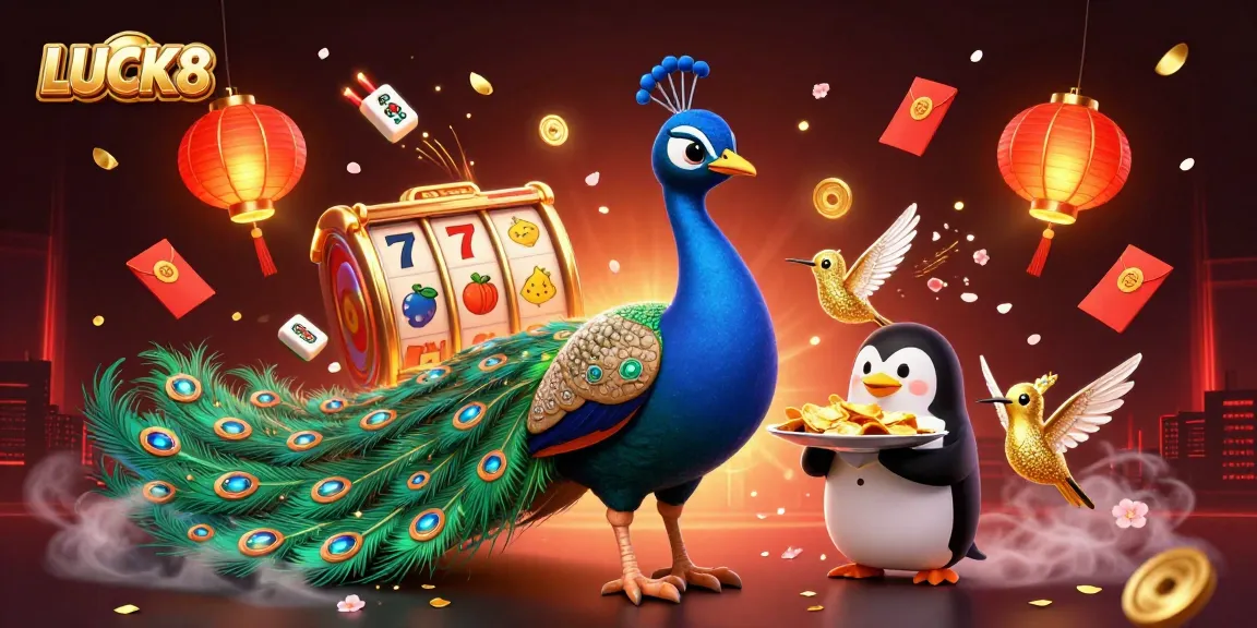LUCK8 showcases dynamic casino elements with a vibrant peacock and butler penguin for a captivating gaming experience.