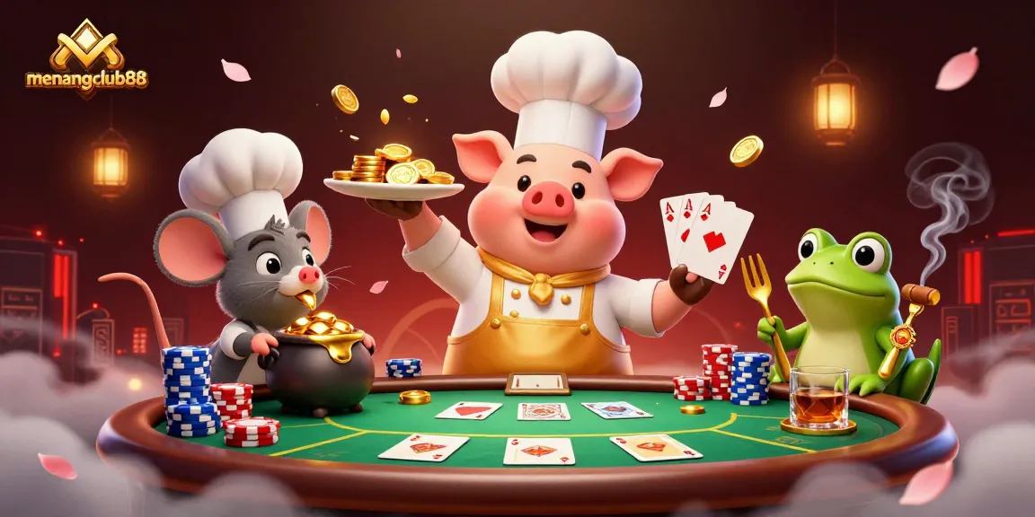 Experience the excitement of menangclub88 with a chef pig serving gold coins, surrounded by poker elements.