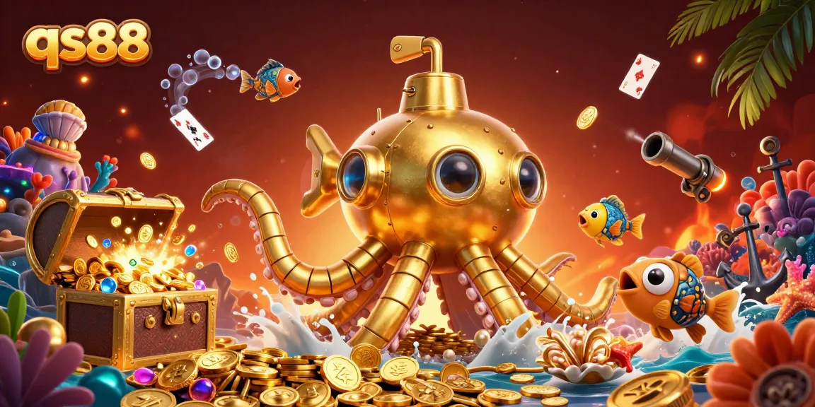 Experience thrilling slots with qs88's golden kraken submarine in a dynamic casino treasure scene.