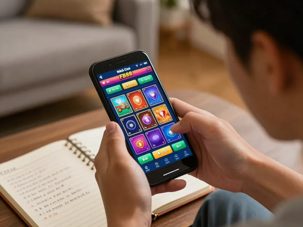 Engaged player using Nhà Cái FB88 app on smartphone for online gambling in cozy home.