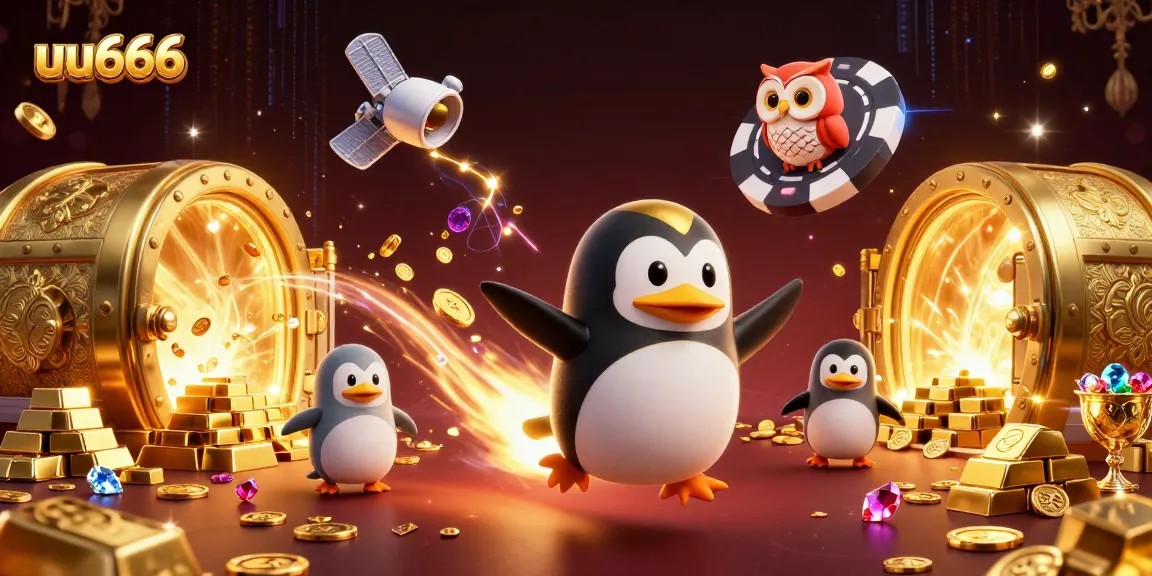 Experience thrilling wins with uu666's golden penguin soaring through a vibrant casino scene.