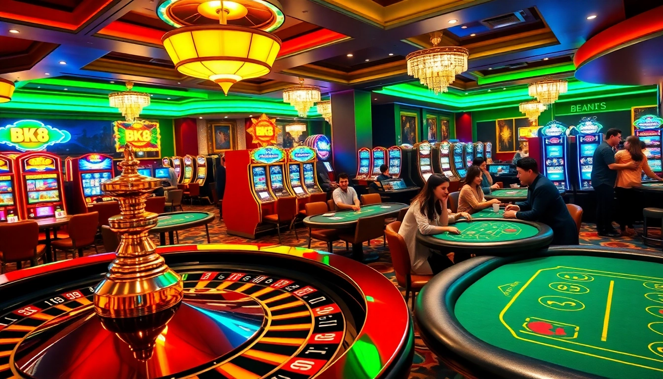 Players celebrating a big win at BK8, showcasing a vibrant casino scene filled with excitement.