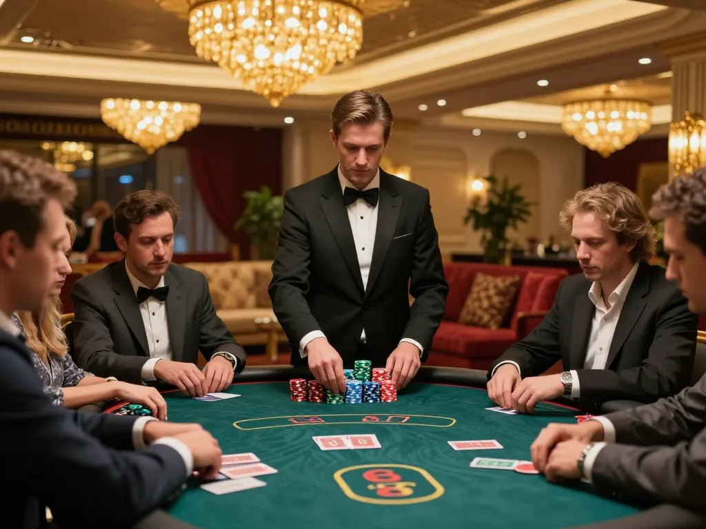 Luck8 VIP poker game in an exclusive casino setting with players and vibrant ambiance.