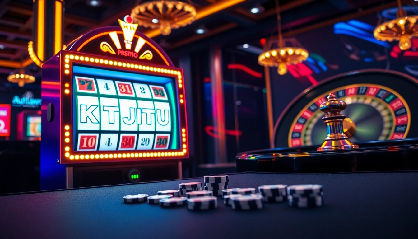 KTPJITU online casino slot machine surrounded by poker chips and a roulette wheel.