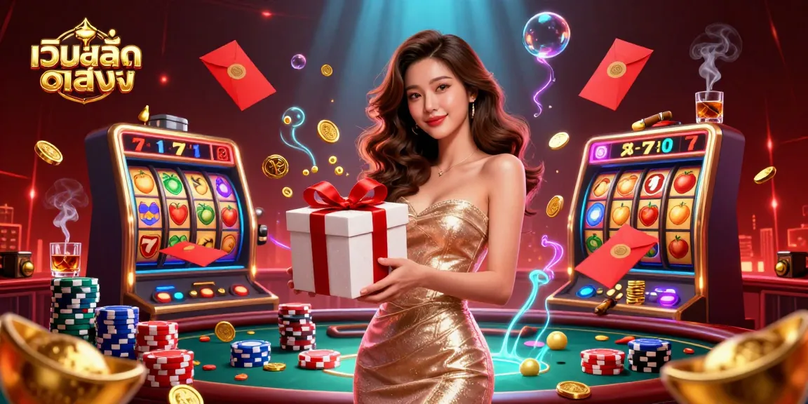 Engage with เว็บสล็อตตรง as golden coins spill from a gift box in a vibrant casino scene.