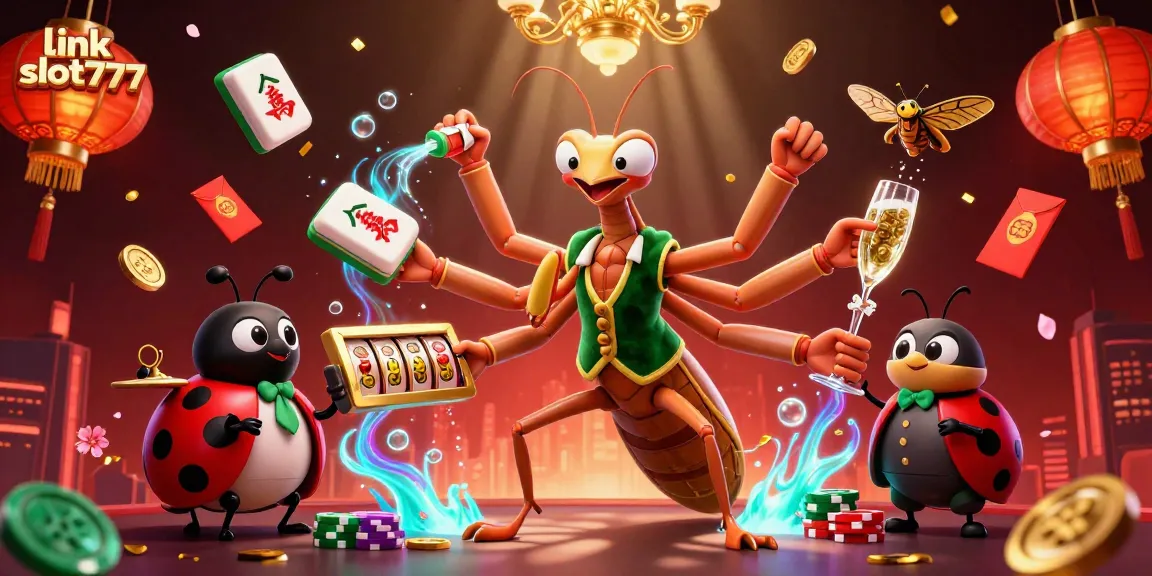 Engage in thrilling games with link slot777 featuring a mantis dealing cards amid vibrant casino symbols.