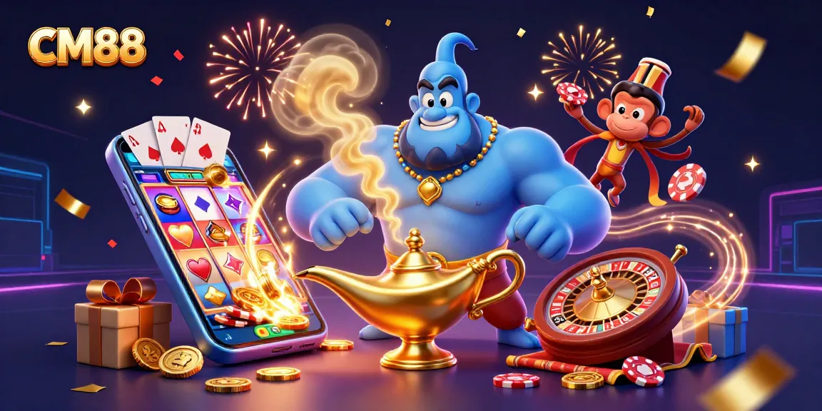 Engage with CM88's magical experience highlighting a genie, monkey, and casino elements.