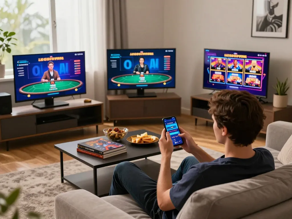 Person playing on LC88VINA mobile app, enjoying a vibrant online gaming experience at home