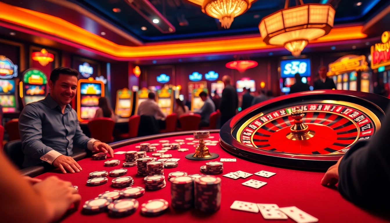 New88 poker players engaging at a vibrant casino table with chips and cards.