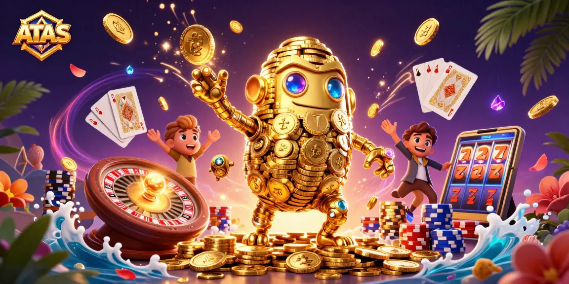 Experience the thrill of ATAS with a vibrant 3D casino scene showcasing dynamic gold coins and gaming elements.