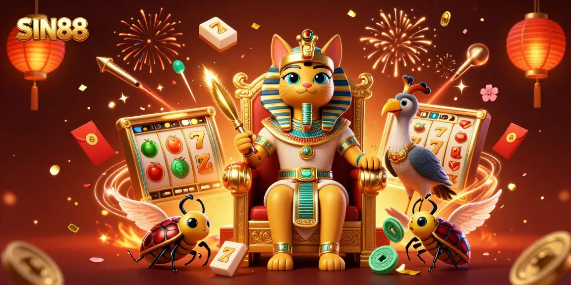 SIN88 captivates players with a dynamic scene of a pharaoh cat and casino elements.